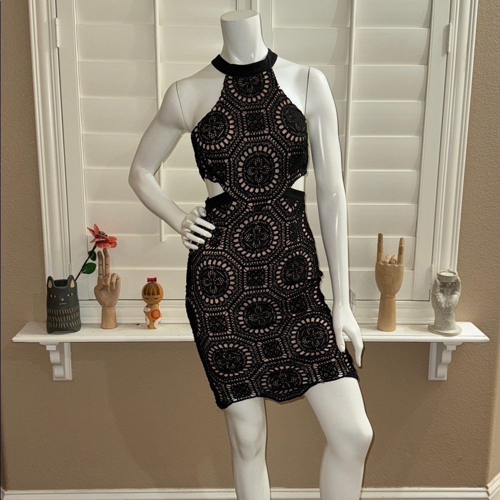 L'ATISTE Cut Out Crochet Knit Halter Mini Dress Black Nude